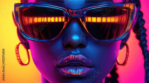 Futuristic Portrait of Stylish Woman in Sunglasses and Neon Lights