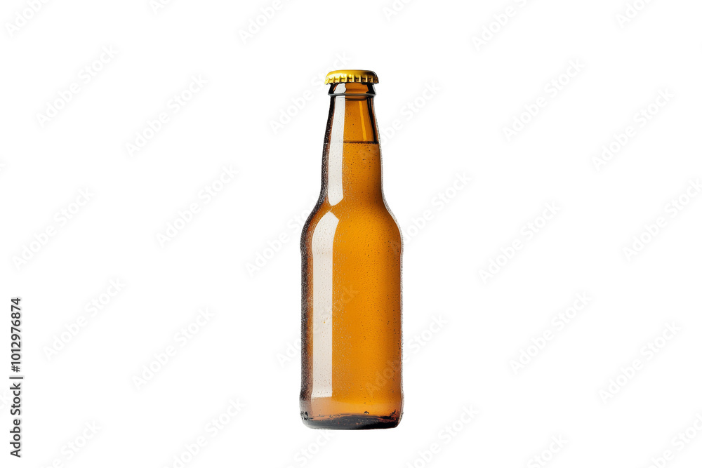 A clear glass bottle of amber beer with a yellow cap on a white isolated background. A clear glass bottle of amber beer with a yellow cap on a white isolated background.