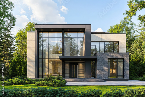 Modern two-story house with large windows and glass walls, located in the center of an elegant garden surrounded by trees. The exterior design is made using gray concrete blocks, while black metal.