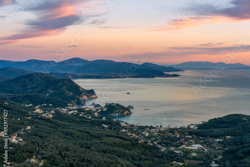 Coast of Greece view at sunset from Ali Pasha castle in Parga, Greece