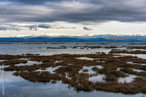 Limnothalassa lagoon in Amvrakikos National Park with snowy mountains photo