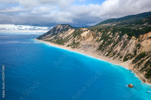 Drone view of Gialos beach with turquoise water and cliffs in Lefkada photo