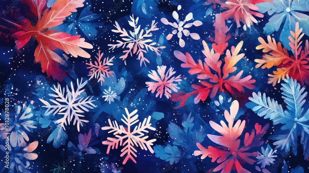 Vibrant Watercolor Snowflakes on a Starry Night Sky Background Vibrant Watercolor Snowflakes on a Starry Night Sky Background