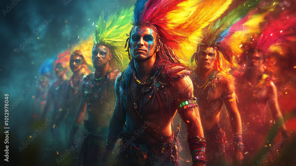 Fototapeta premium A group of men wearing colorful feathers and paint stand in a line.