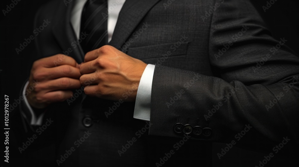 Obraz premium Man Adjusting Suit Jacket, Close-up