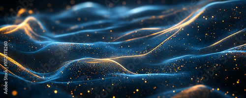 Abstract background, A wave of golden and blue glowing particles, texture, bokeh effect. AI generation.