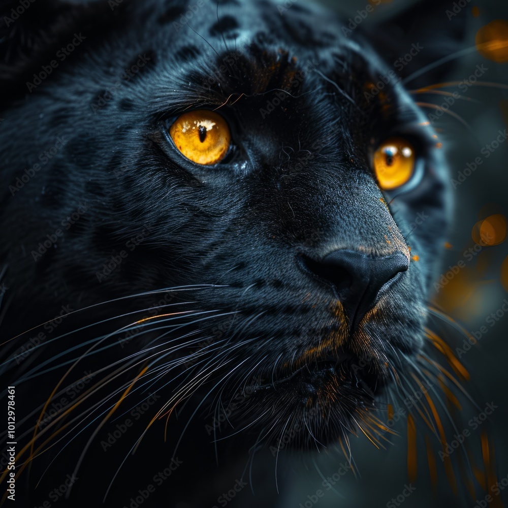 Obraz premium A captivating portrait of a majestic black leopard with striking golden eyes. This image showcases natural beauty in wildlife art. Perfect for nature lovers. Generative AI
