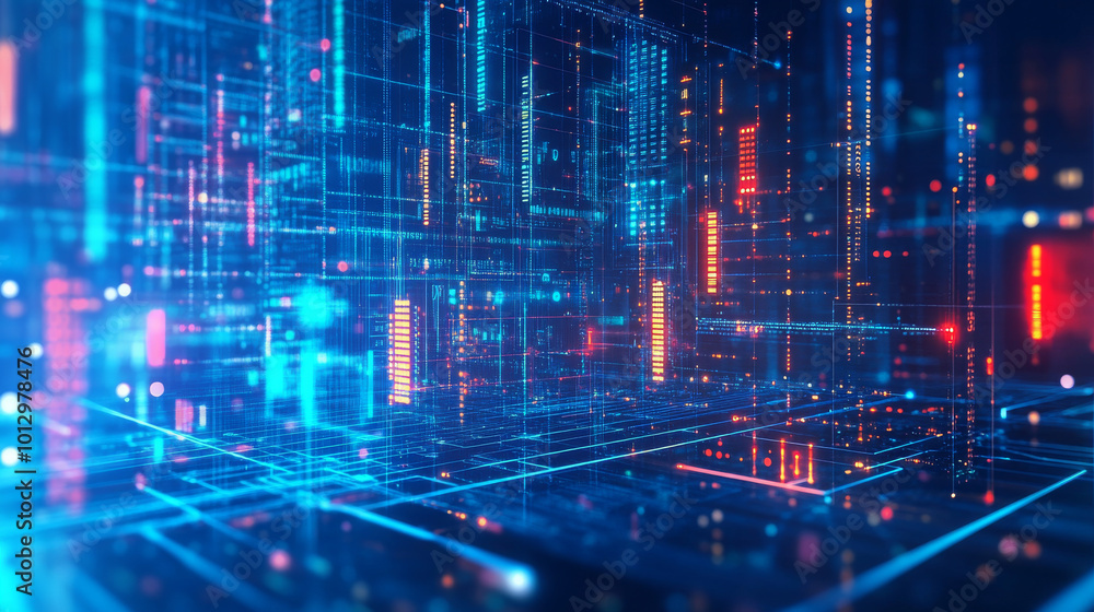Modern Circuit Interface over Blue Background: Concept of High Tech and Data Analysis. 3D Rendering with Toned Image Double Exposure.
Modern Circuit Interface over Blue Background: Concept of High Tech and Data Analysis. 3D Rendering with Toned Image Double Exposure.
