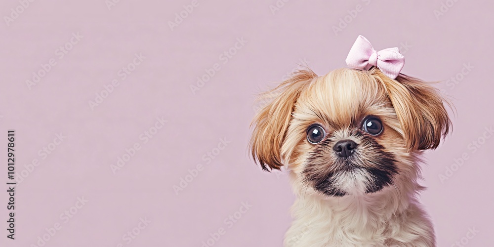 Cute little dog with a pink bow looking at the camera. Cute little dog with a pink bow looking at the camera.