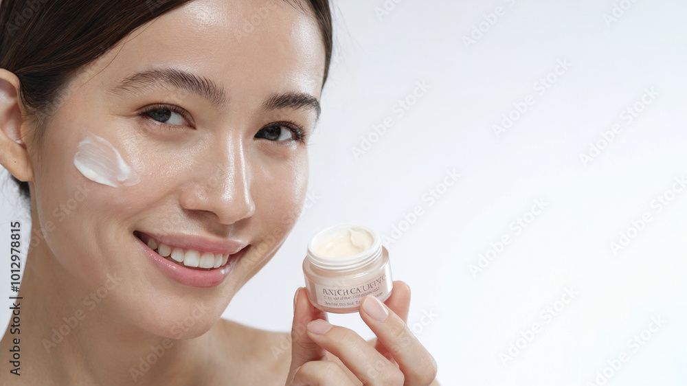 beautiful smiling young asia woman applying face cream and looking away beautiful smiling young asia woman applying face cream and looking away