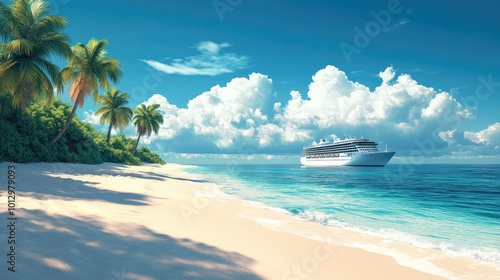 Idyllic Tropical Beach with Cruise Ship and Palm Trees Under Clear Blue Sky photo