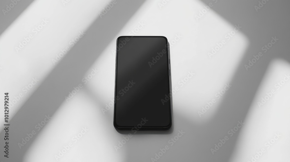 Modern Smartphone on Minimalistic Surface with Dramatic Lighting and Shadow Contrast Modern Smartphone on Minimalistic Surface with Dramatic Lighting and Shadow Contrast