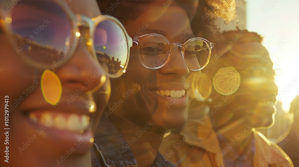 Close-up of a young group of friends having fun, laughing and smiling together in the city at sunset Close-up of a young group of friends having fun, laughing and smiling together in the city at sunset