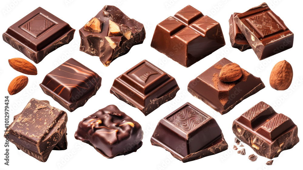 Indulge in a delightful set of chocolate pieces cut out in PNG format. Ideal for dessert menus, advertisements, and culinary designs, these luscious chocolates add a sweet touch to any project. Indulge in a delightful set of chocolate pieces cut out in PNG format. Ideal for dessert menus, advertisements, and culinary designs, these luscious chocolates add a sweet touch to any project.