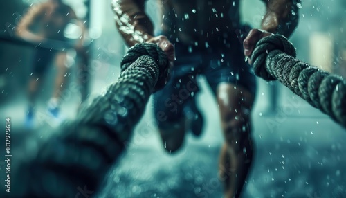 Athletes training with dynamic scenes, intense and focused, Sport, Cool tones, Photograph, Physical dedication