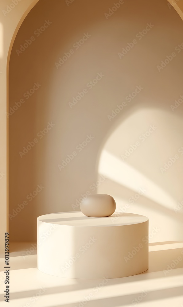 66. A minimalistic 3D scene featuring a beige geometric podium and a smooth cylinder backdrop, designed for showcasing elegant cosmetic products in a soft, ambient light 66. A minimalistic 3D scene featuring a beige geometric podium and a smooth cylinder backdrop, designed for showcasing elegant cosmetic products in a soft, ambient light