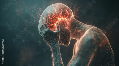 Skull: Pain, Headaches, Neurons, Synapses, Neural Network, Brain, Neuron Circuit, and Degenerative Diseases like Parkinson's Disease. Depiction of a Person with Headache and Pain in the Back of the He photo