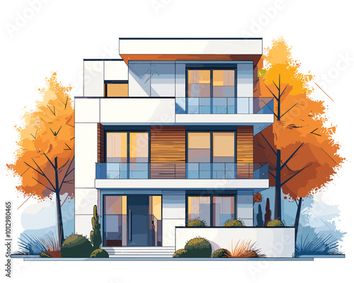 Modern flat design vector illustration concept of urban architecture. Buildings and trees in autumn season.