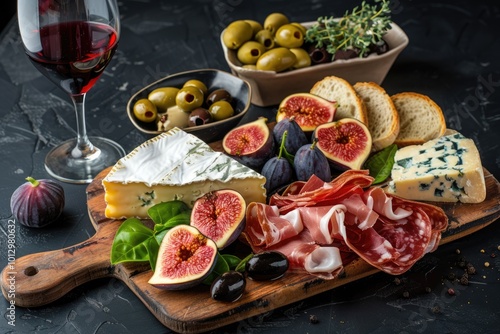 Wine and cheese board with accompaniments on black backdrop. photo