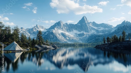 Serene mountain landscape with lake and forest under clear blue sky in daytime