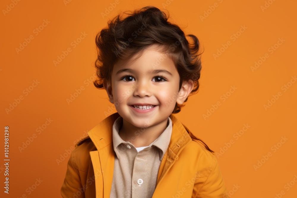 Portrait of a smiling little boy in a yellow jacket on an orange background Portrait of a smiling little boy in a yellow jacket on an orange background