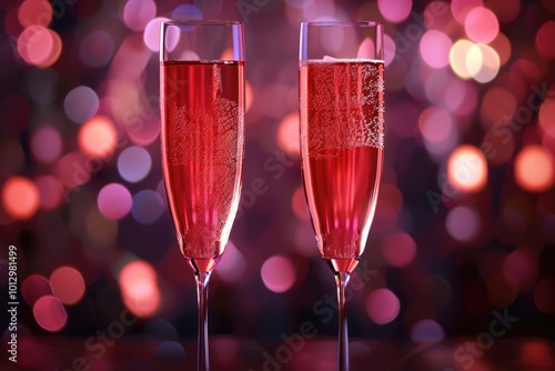 Festive pink cocktail with champagne or prosecco for St. Valentines day. Couple of glasses