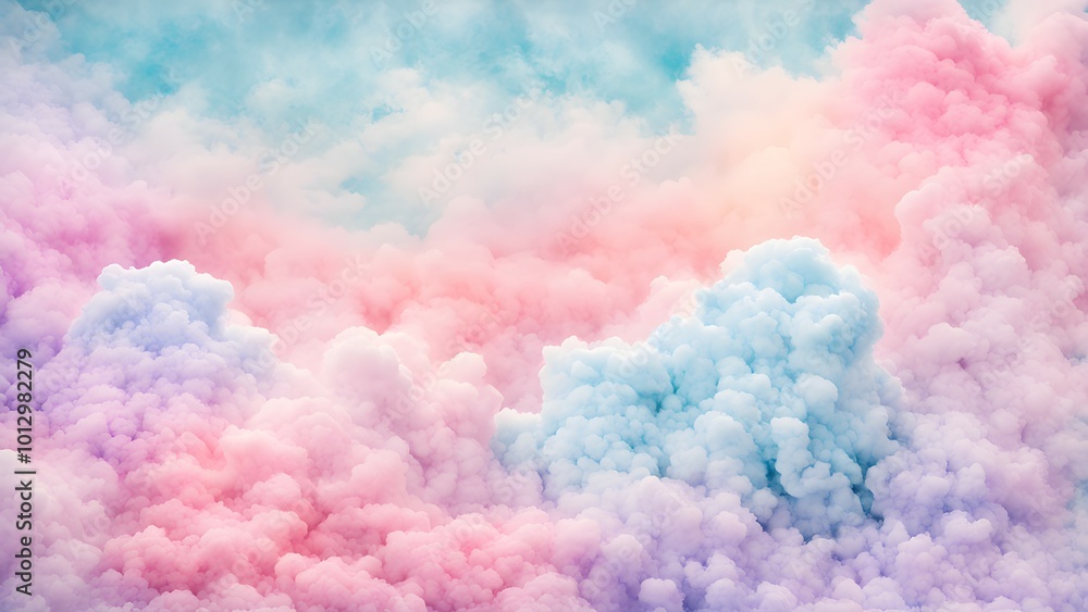 Fototapeta premium A dreamy pastel cloudscape with soft hues of pink, blue, and lavender.