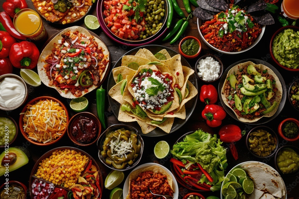Assorted Mexican dishes on black background flat lay view. Assorted Mexican dishes on black background flat lay view.