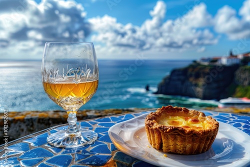 Fototapeta Naklejka Na Ścianę i Meble -  Traditional Portuguese food and drink with ocean view in Lisbon.