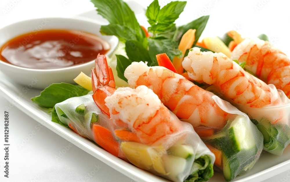 Fresh shrimp spring rolls served with a dipping sauce, featuring vibrant vegetables and herbs for a healthy meal. Fresh shrimp spring rolls served with a dipping sauce, featuring vibrant vegetables and herbs for a healthy meal.