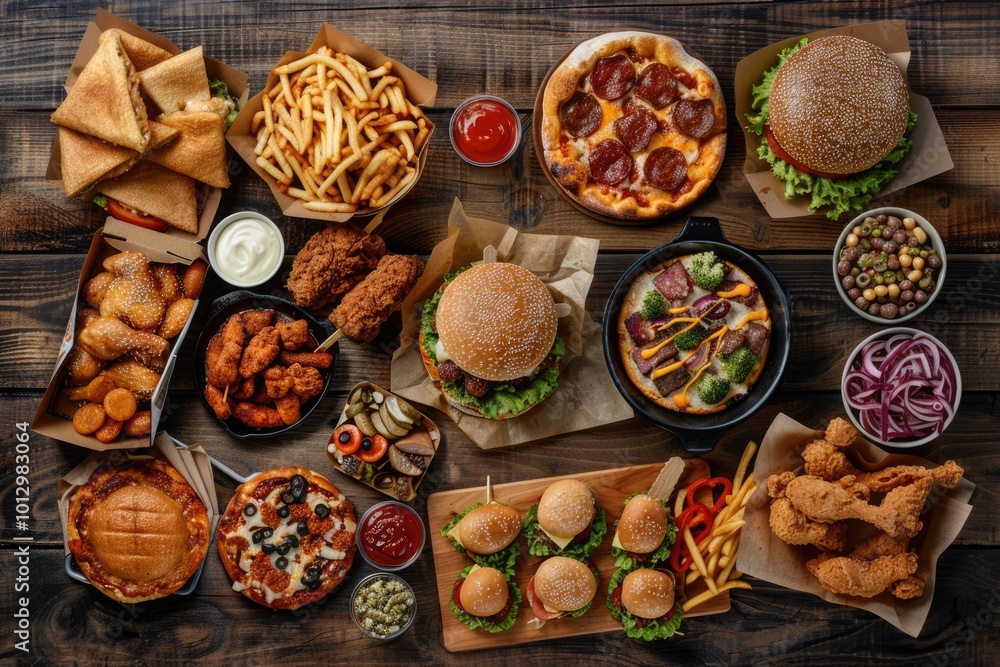 Assorted fast food spread on table with wood background. Assorted fast food spread on table with wood background.