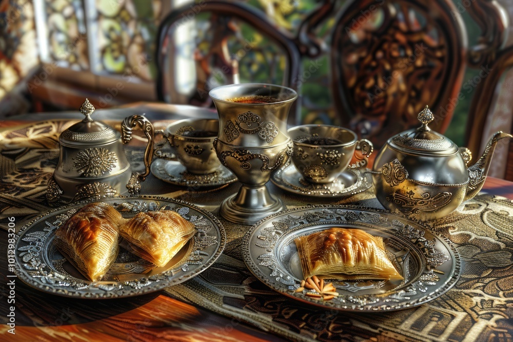 Turkish coffee and baklava on the table tatar food Turkish coffee and baklava on the table tatar food