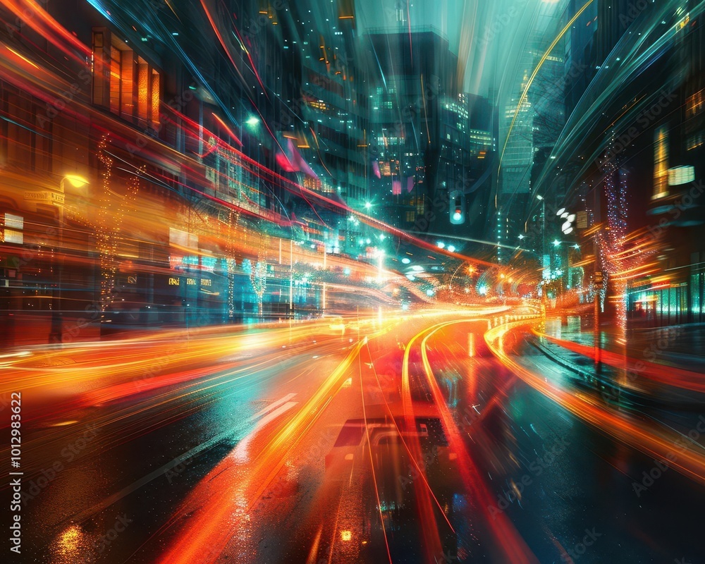 Obraz premium Long exposure photography with dynamic light trails, artistic and ethereal, Urban, Cool tones, Photograph, Visual motion
