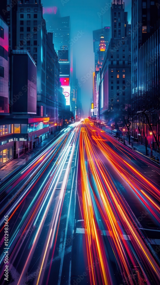 Obraz premium Long exposure photography with dynamic light trails, artistic and ethereal, Urban, Cool tones, Photograph, Visual motion