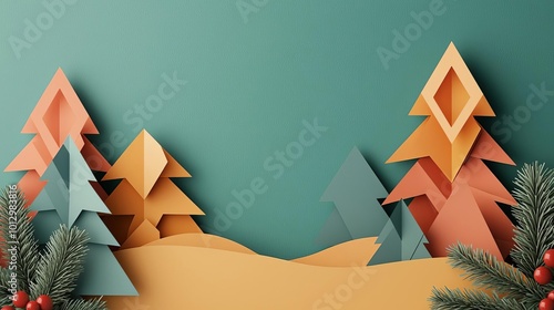 Handcrafted minimalist Christmas card with geometric paper shapes and modern typography, Christmas card, geometric paper craft, 3D illustration