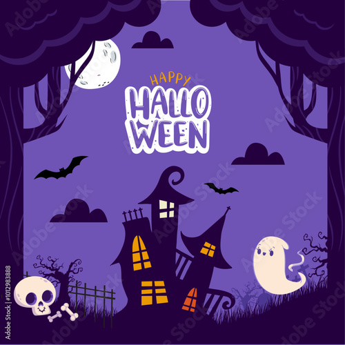 Spooky Halloween Night with Haunted House and Ghost