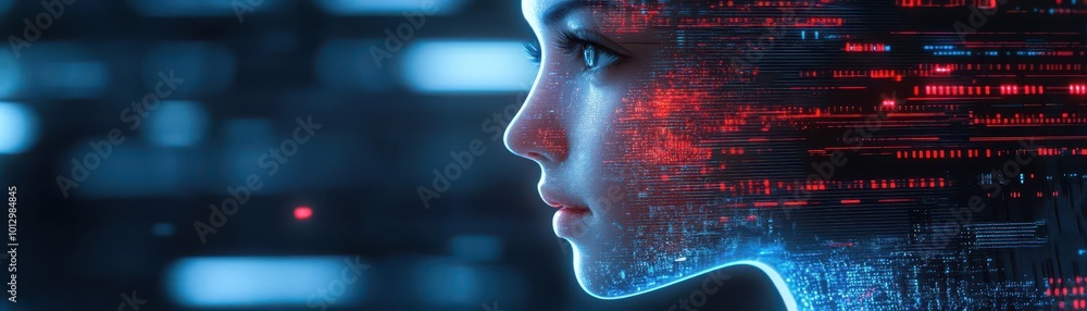 Abstract portrait of a woman with binary code overlay, futuristic concept. Abstract portrait of a woman with binary code overlay, futuristic concept.