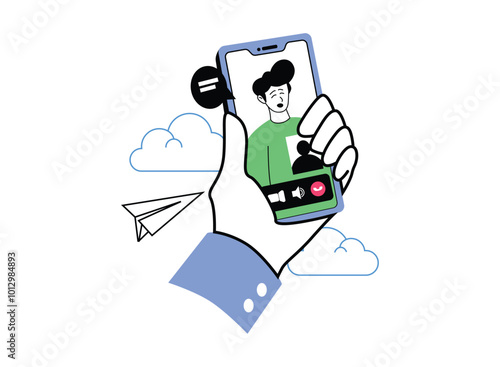 A hand holds a smartphone with a video call in progress. The caller looks stressed, and a paper airplane floats nearby, suggesting a sense of distance or longing.