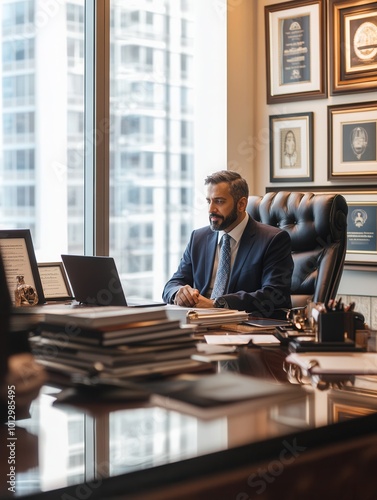 The lawyer sits at a sleek desk, focused on a laptop while discussing case details with a client in an upscale office setting. Generative AI