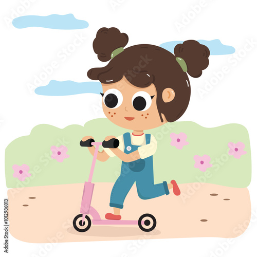 Illustration girl playing scooter