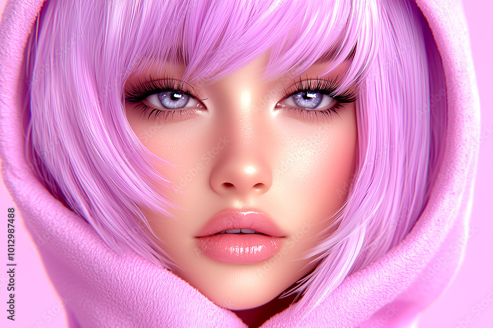 A woman with pink hair and a pink hoodie. She has a very pretty face and is smiling A woman with pink hair and a pink hoodie. She has a very pretty face and is smiling