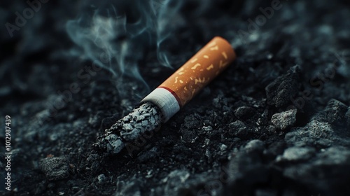 A close-up of a smoldering cigarette butt lying on dark ground, with smoke rising into the air. This image symbolizes the toxic remnants of smoking and its environmental impact.. AI Generation