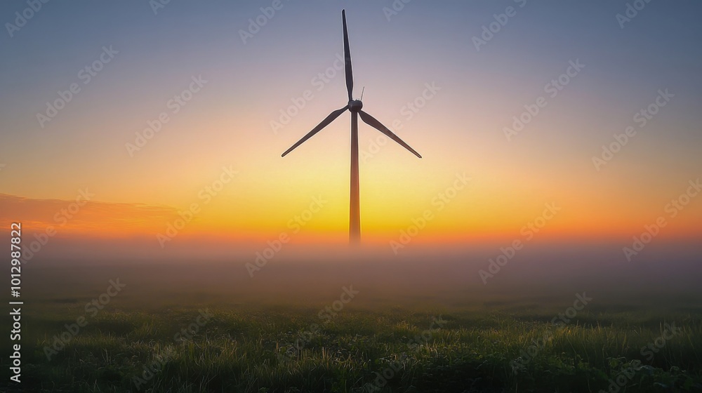 Wind turbine in misty field during bright sunset, symbolizing renewable energy and sustainability Wind turbine in misty field during bright sunset, symbolizing renewable energy and sustainability