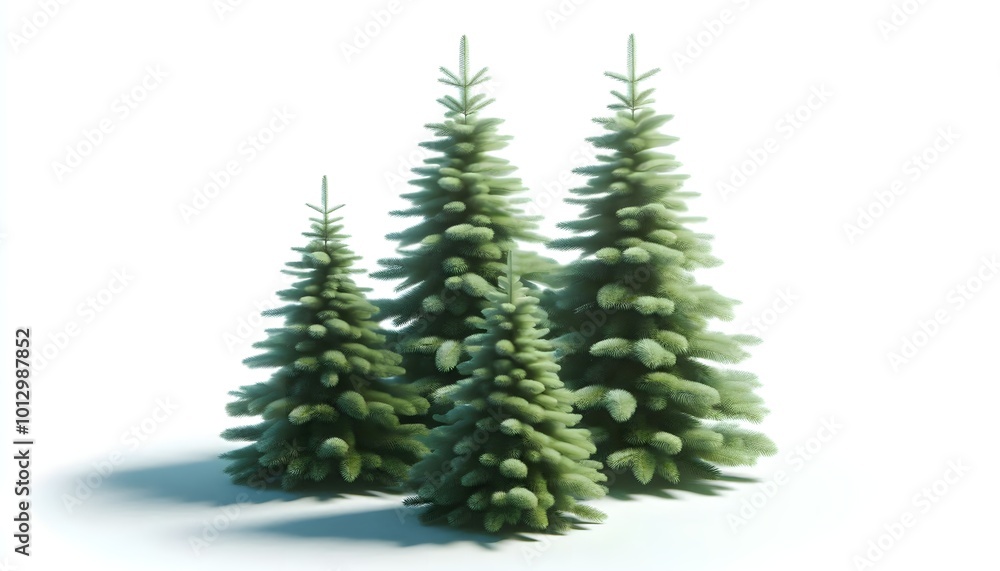 beautiful, lush, green fir trees isolated on a white background, three de illustration, close-up beautiful, lush, green fir trees isolated on a white background, three de illustration, close-up