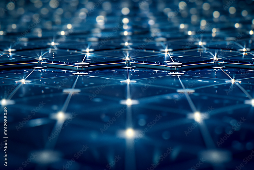 Obraz premium A blue background with many small lights on it. The lights are arranged in a grid pattern. The image has a futuristic and technological feel to it