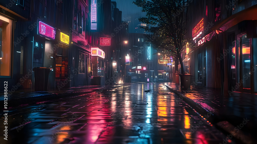 Fototapeta premium Rainy neon-lit street at nighttime in city