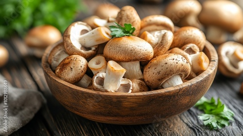 wooden bowl filled with whole and sliced ​​champignon mushrooms on wooden table