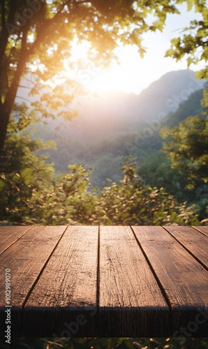 45. A beautifully crafted wooden desk in a verdant forest clearing, with the sun rising over the mountains in the background, creating a harmonious atmosphere for showcasing products