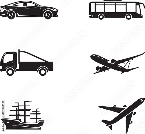 set of stylized black and white transportation vector and icon