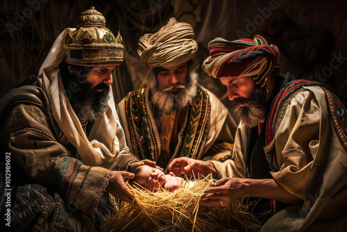 Three Wise Men from the East Bringing Gold Frankincense and Myrrh to Baby Jesus in a Christmas Nativity Scene